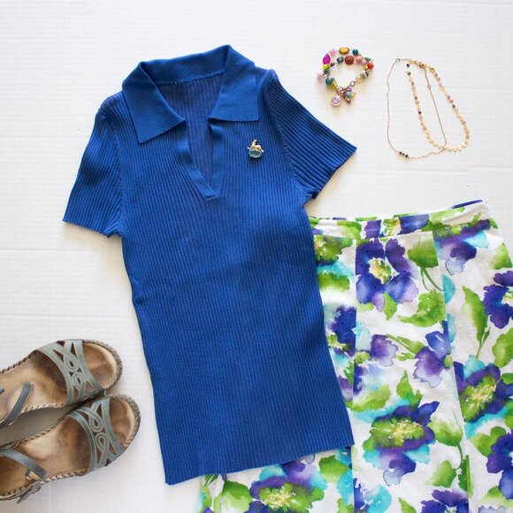 SGW - Royal Blue Polo Collar Short Sleeve Sleeve Knitwear Sweater - Womens S - Picture 1 of 4